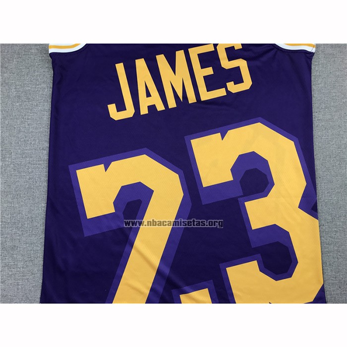 Camiseta Los Angeles Lakers Lebron James NO 23 Mitchell & Ness Big Face Violeta